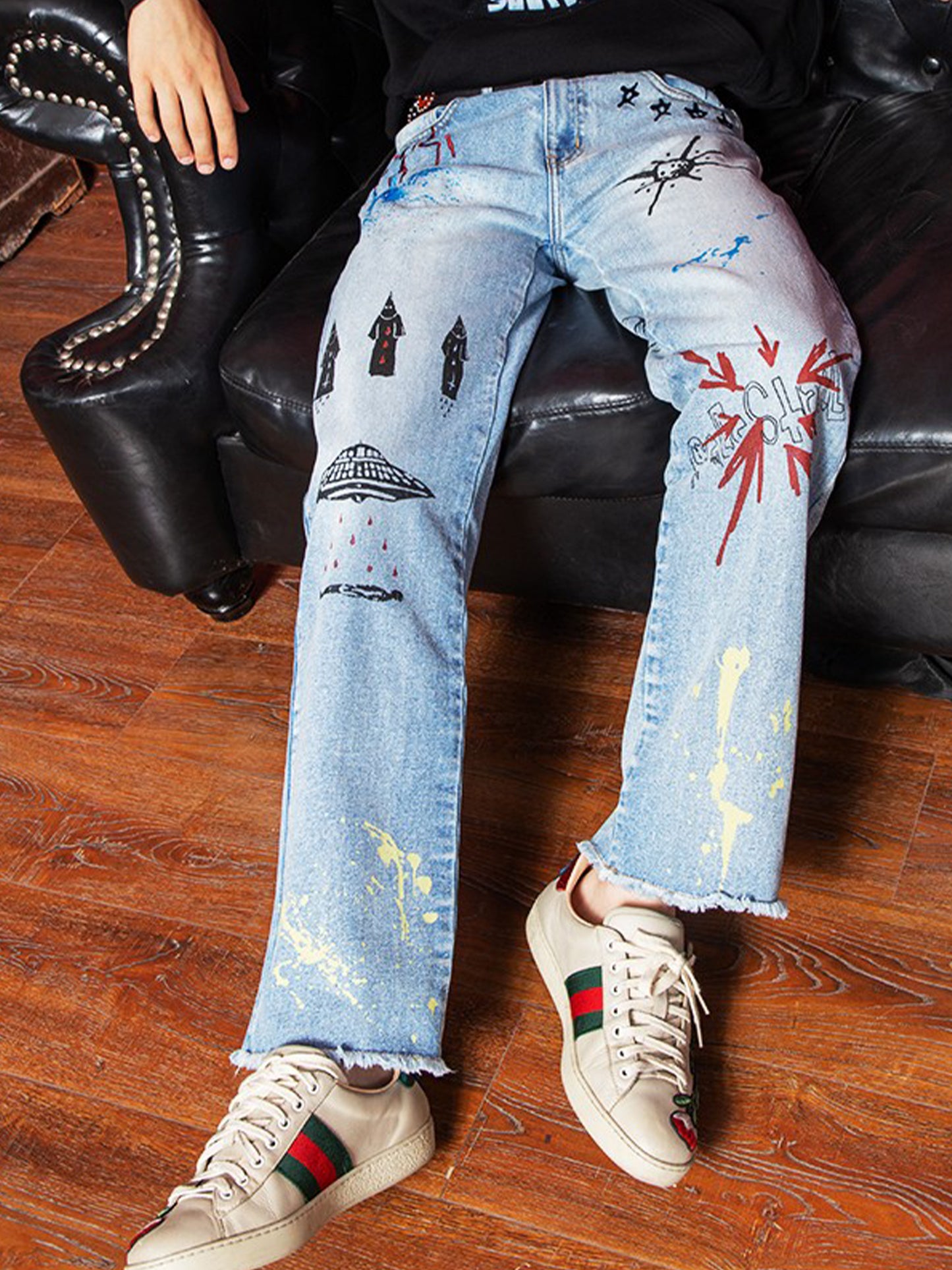 Dojo Graffiti-Embroidered Frayed Wash Jeans...