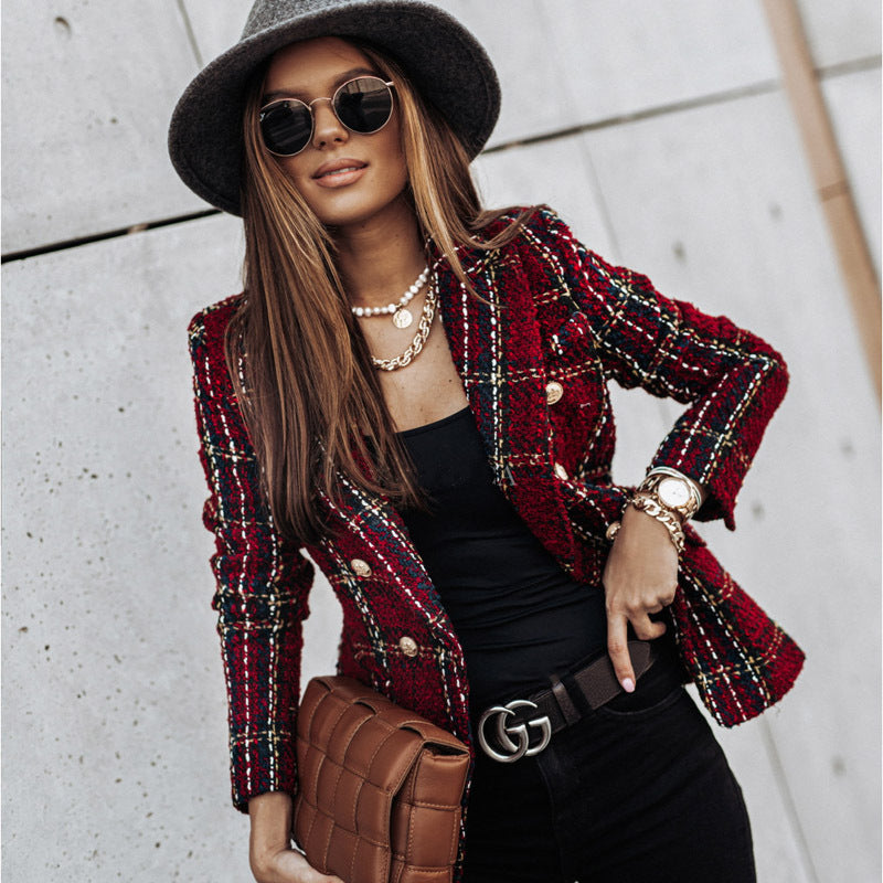 Long-sleeved slim-breasted plaid small blazer