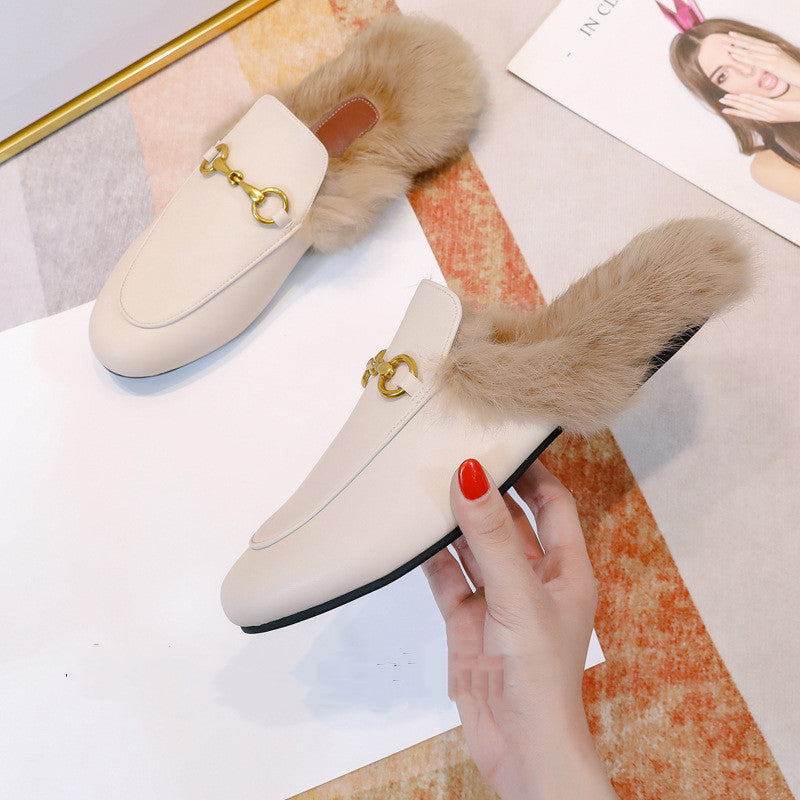 Flat-bottomed Rabbit Fur Baotou Half Slippers