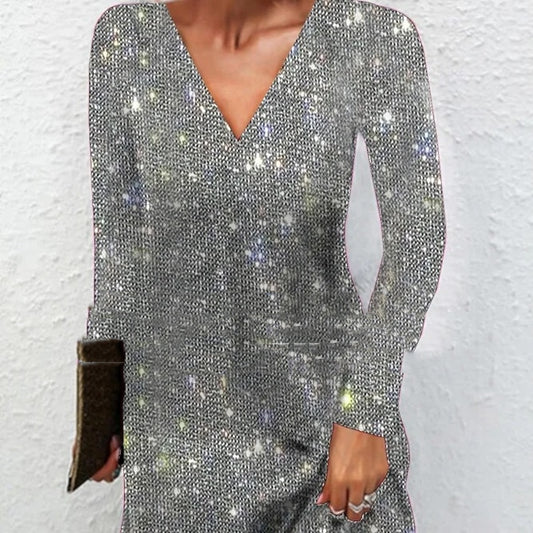 Elegant Sexy Sequined V-neck Dress...