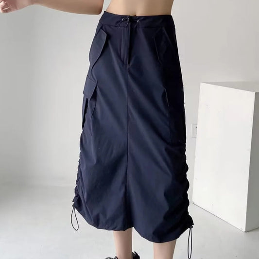 Women's Fashionable Double Drawstring Pocket Half-length Pleated High Waist Slit Skirt