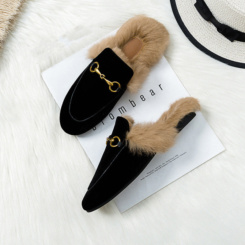 Flat-bottomed Rabbit Fur Baotou Half Slippers