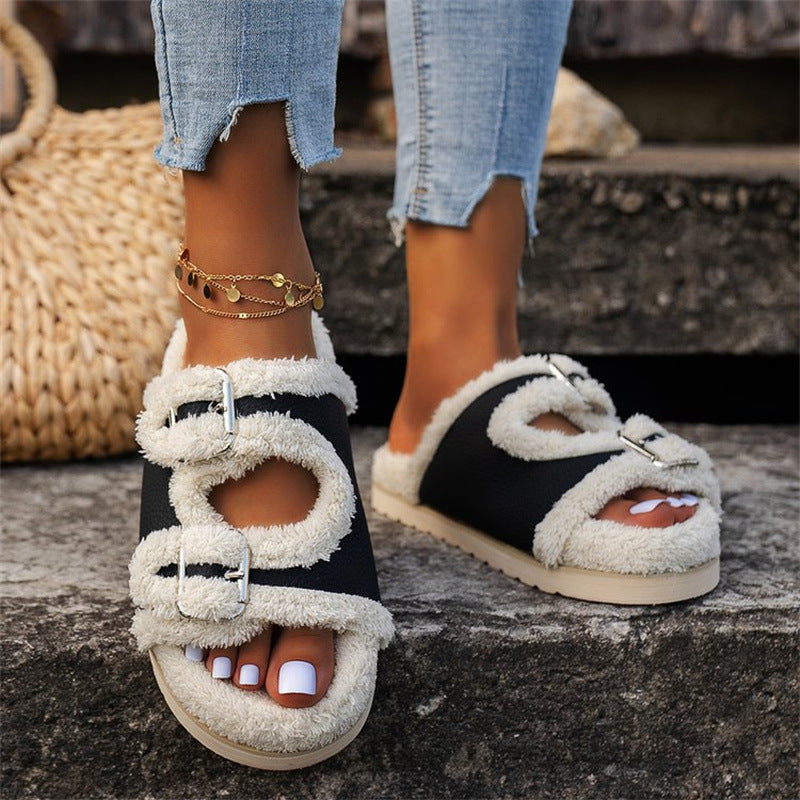 Lazy Thick Sole Buckle Lamb Slippers For Women...