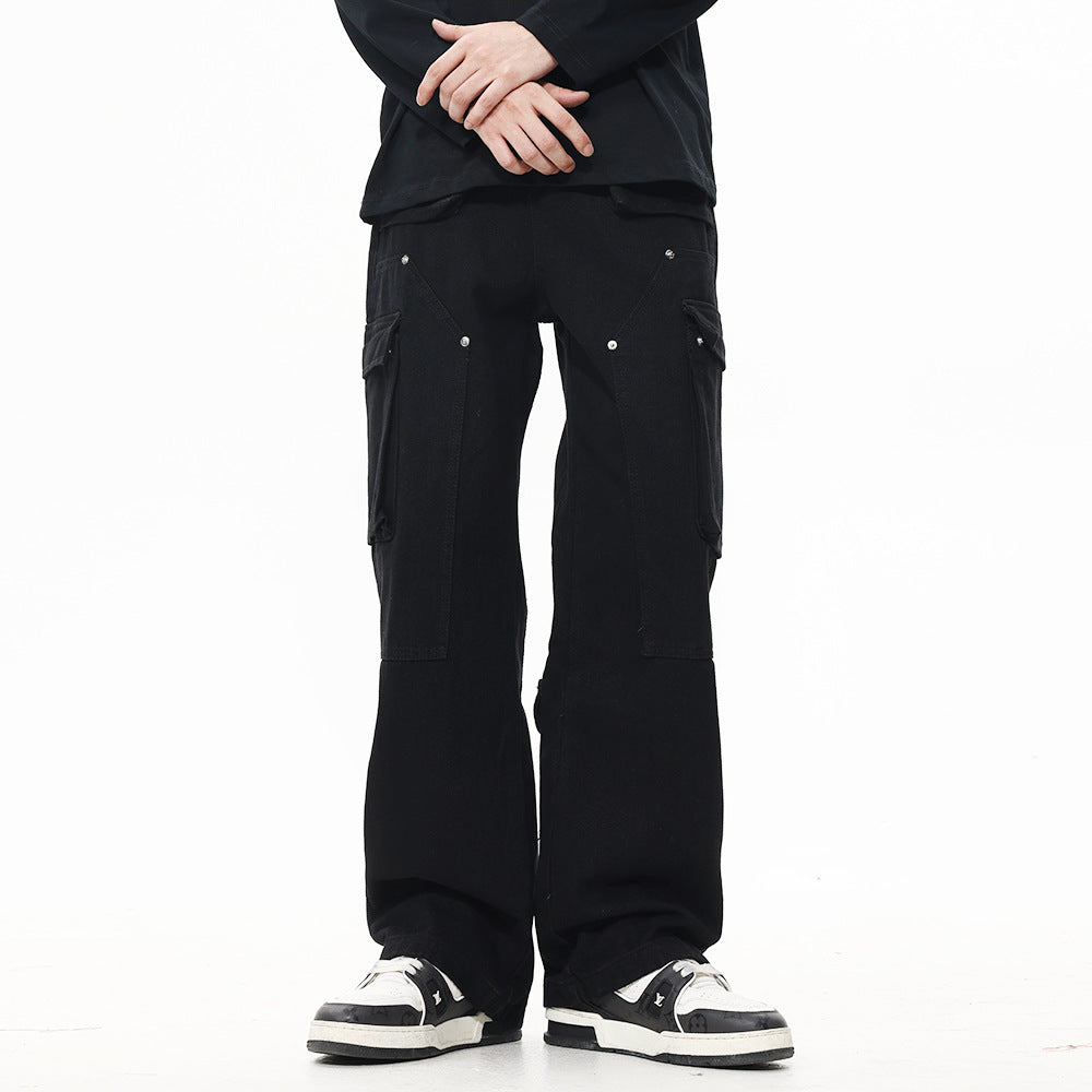 Multi-pocket Zipper Slit Straight-leg Cargo Denim Trousers...