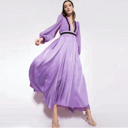 Long Sleeve Purple Waistband Dress