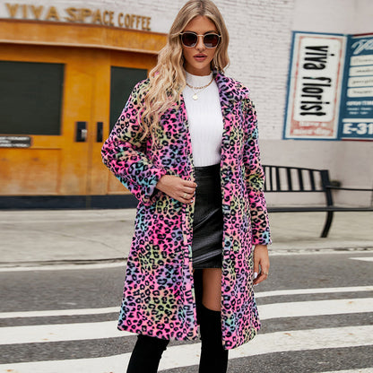 Leopard Print Lapel Coat...