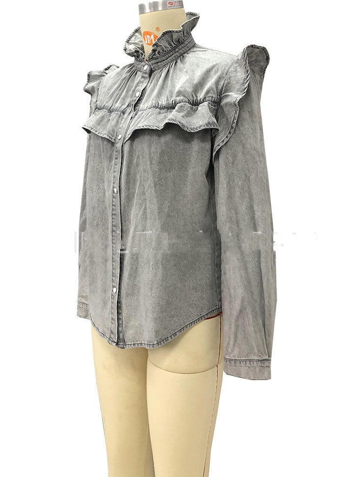 Denim Shirt Ruffled Thin Commuter Denim Top