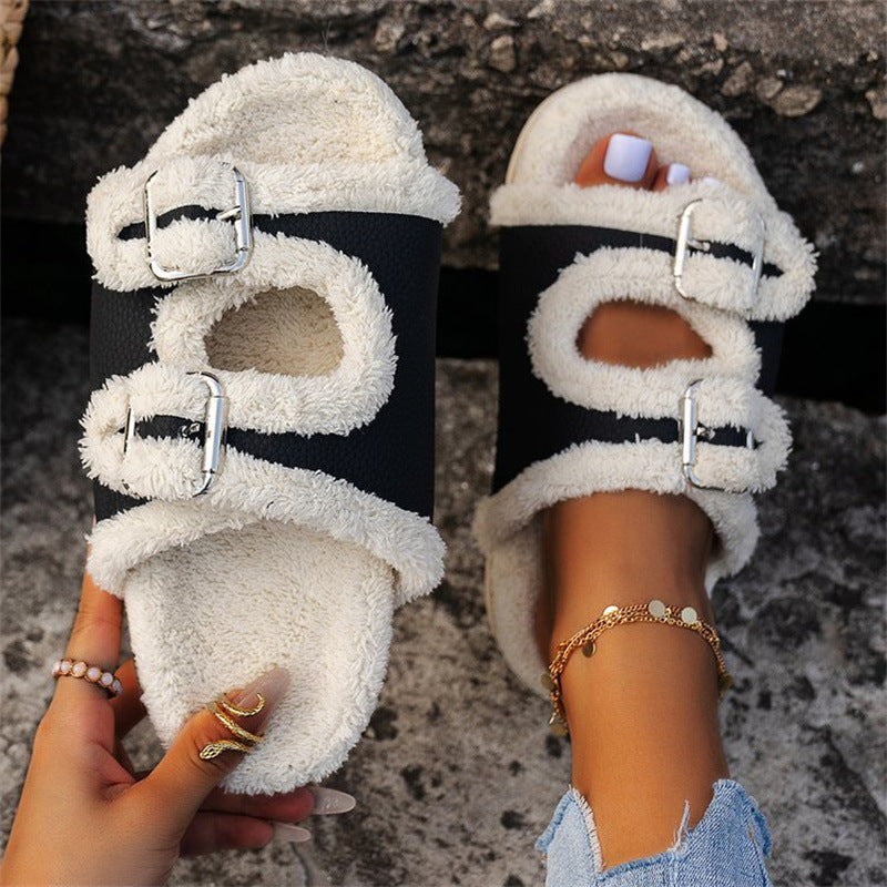 Lazy Thick Sole Buckle Lamb Slippers For Women...