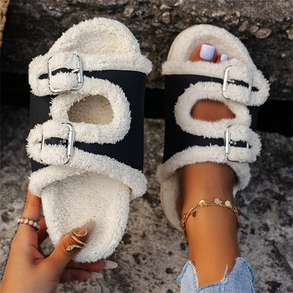 Lazy Thick Sole Buckle Lamb Slippers For Women...