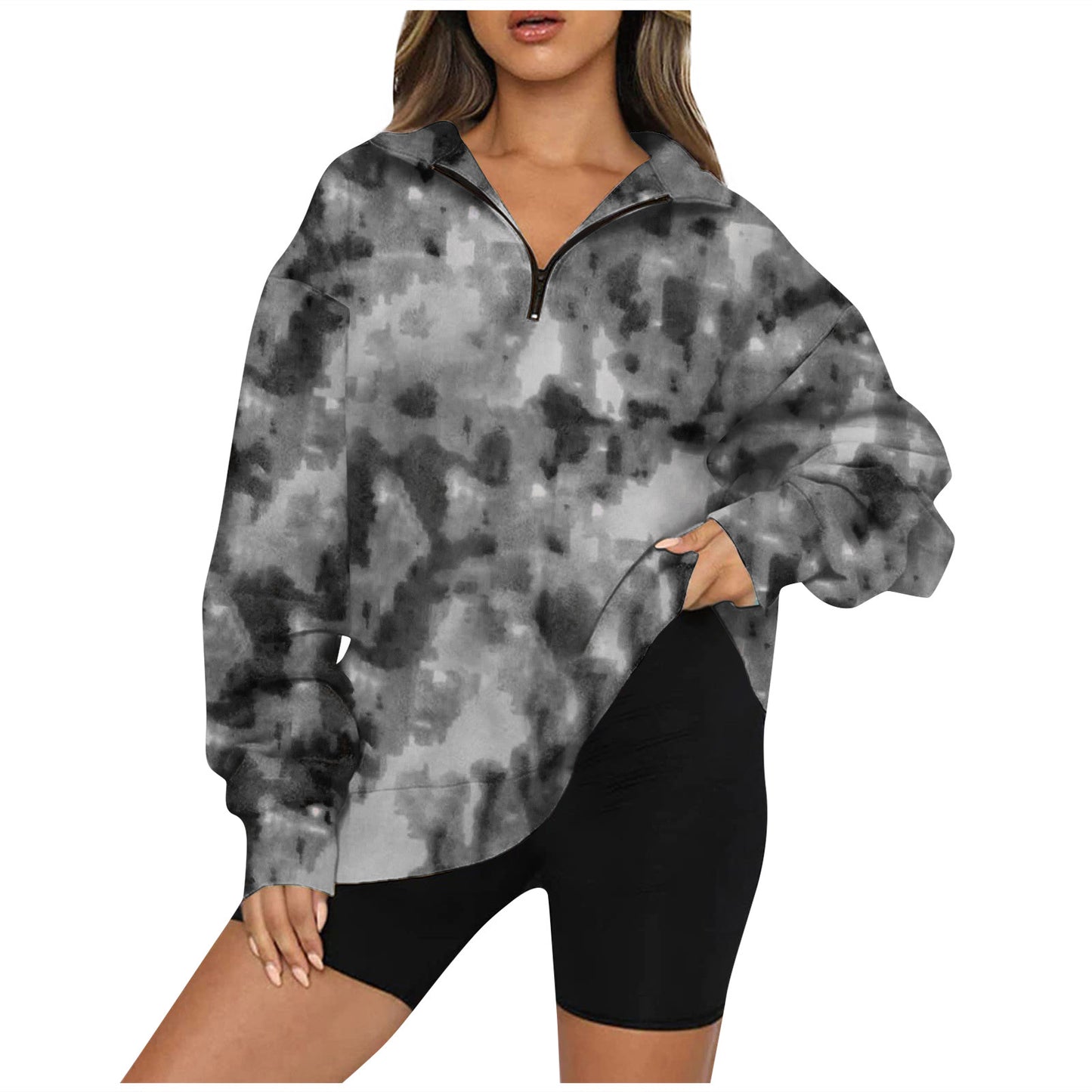 Tie Dye Printed Zippered Lapels Sweatshirt Women Long Sleeve Loose Pocketless Top