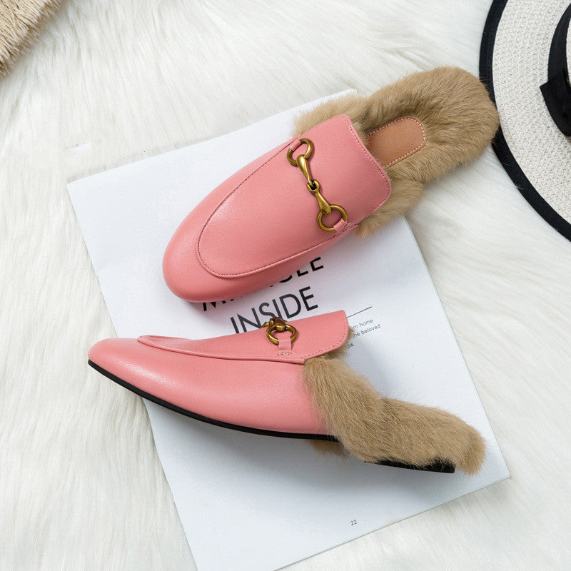 Flat-bottomed Rabbit Fur Baotou Half Slippers