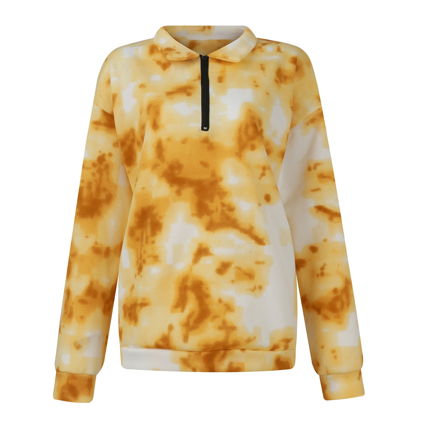 Tie Dye Printed Zippered Lapels Sweatshirt Women Long Sleeve Loose Pocketless Top